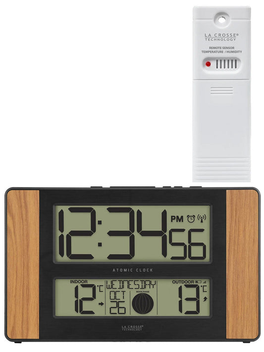 513-1417 Moon Phase Digital Wall Clock Wood Panel with In/Outdoor Temp